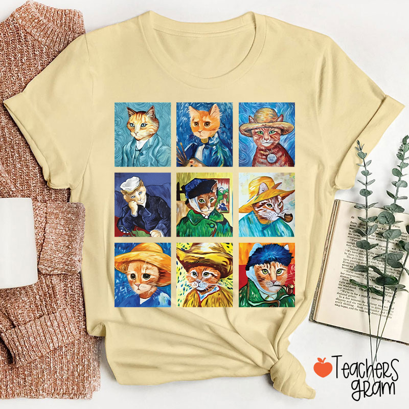 Funny Cats Painting Van Gogh Art Lover Teacher T-Shirt