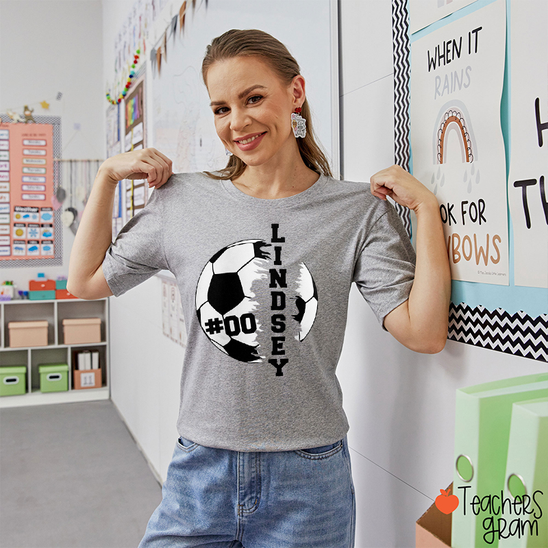 Personalized Name And Number Soccer Tear Effect Teacher T-Shirt