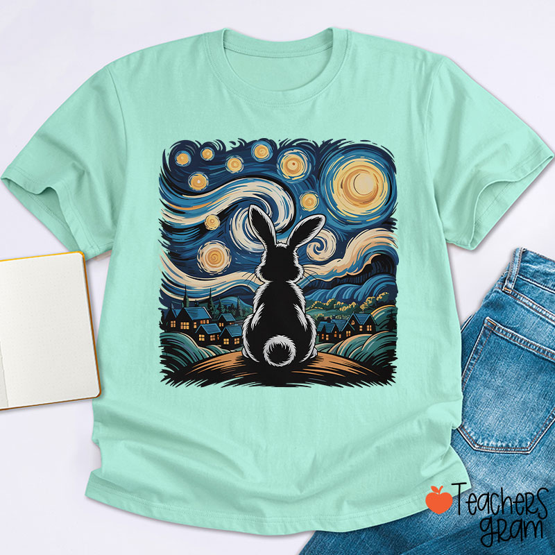 Starry Night Van Gogh Rabbit Teacher T-Shirt