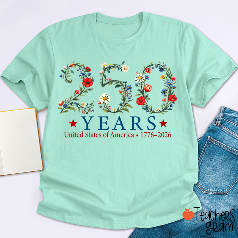USA 250th Anniversary Floral Teacher T-Shirt