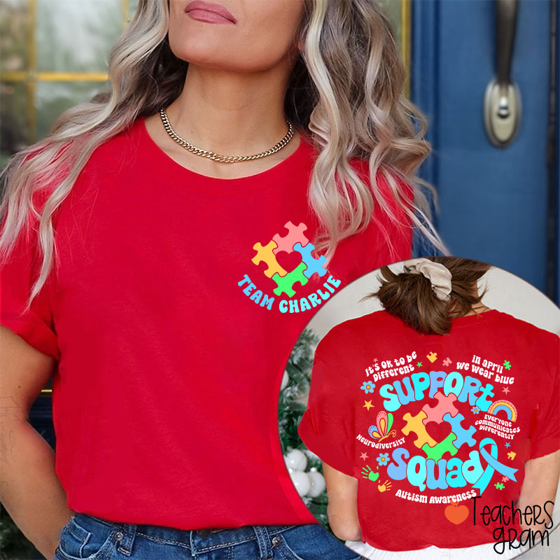 Personalized Name Autism Awareness Support Squad Teacher Two Sided T-Shirt