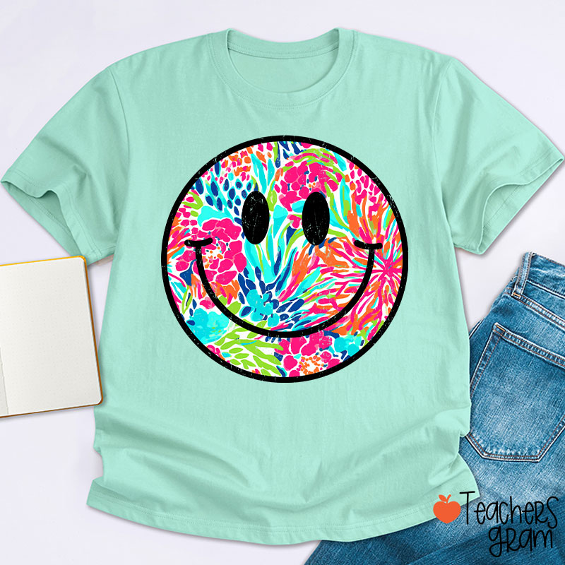 Smile Face Summer Floral Retro Beach Vibes Teacher T-Shirt