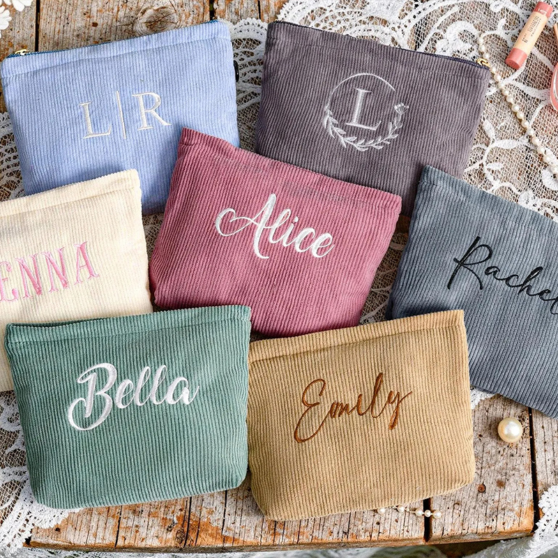 Personalized Name Embroidered Corduroy Preppy Teacher Makeup Bag
