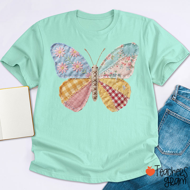Faux Patchwork Butterfly Teacher T-Shirt