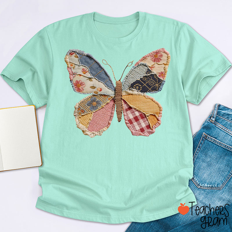 Faux Patchwork Butterfly Teacher T-Shirt