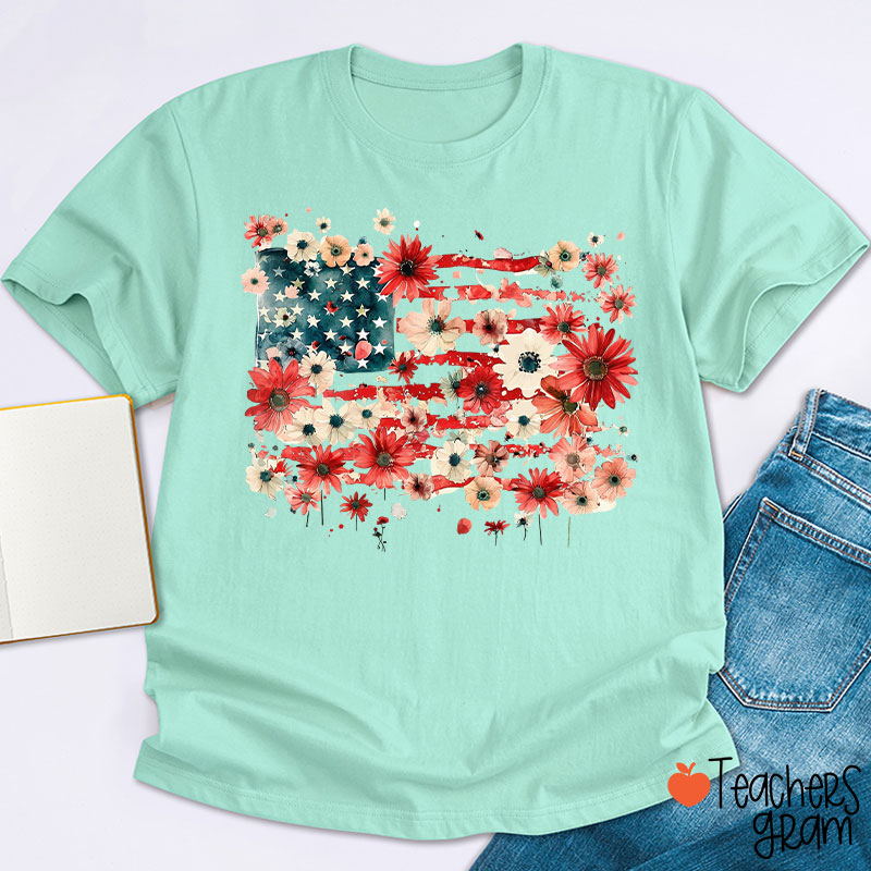American Flag Floral Teacher T-Shirt