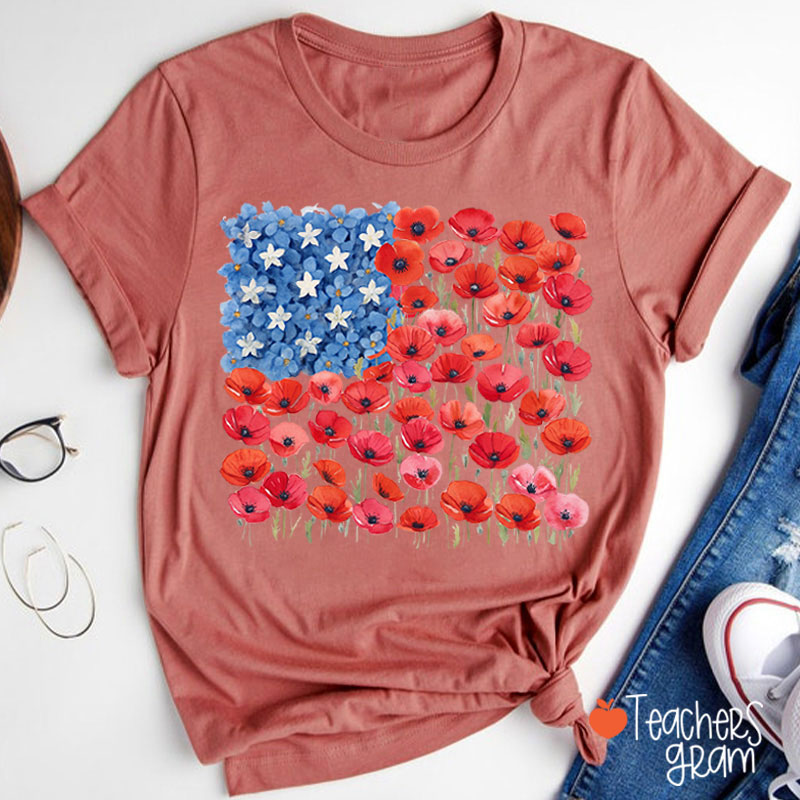 Floral USA Flag 250th Anniversary Teacher T-Shirt