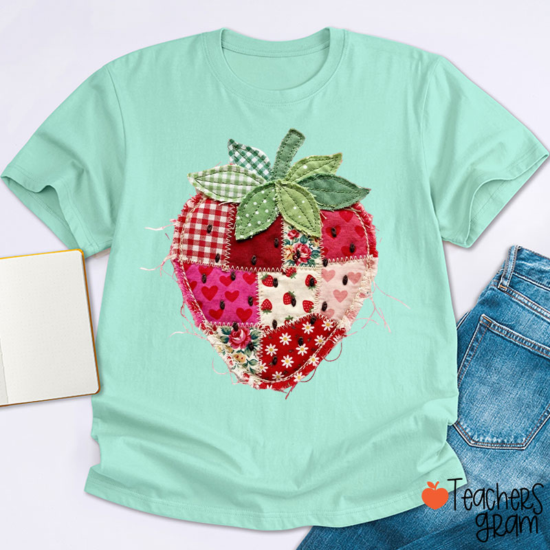 Faux Patchwork Strawberry Teacher T-Shirt