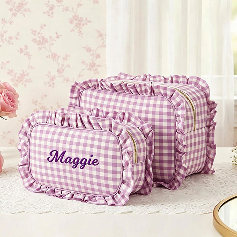 Personalized Gingham Ruffle Makeup Bag