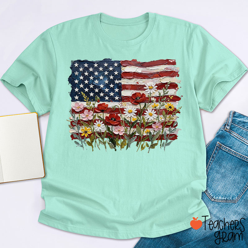 American Flag Floral Teacher T-Shirt
