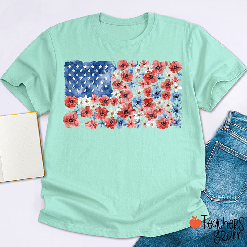 Vintage Floral USA Flag Teacher T-Shirt