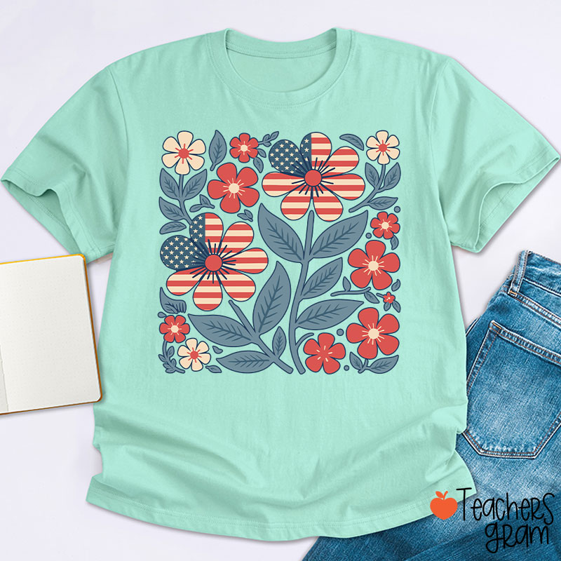Boho Patriotic Daisy Teacher T-Shirt