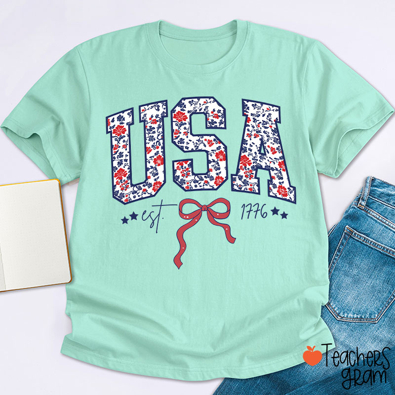 Floral USA Coquette Patriotic Teacher T-Shirt