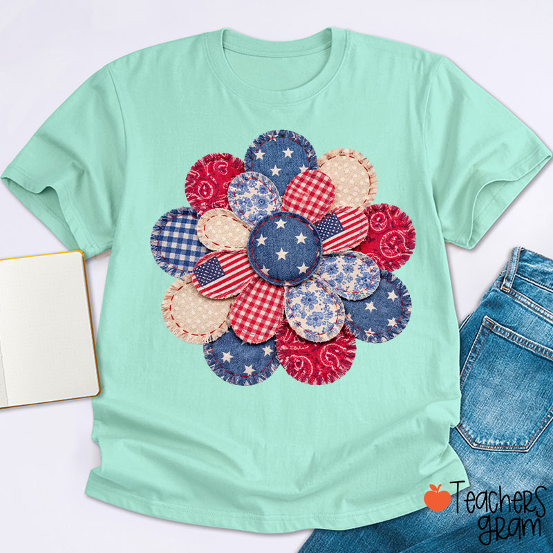 Faux Patchwork American Flag Flower Teacher T-Shirt