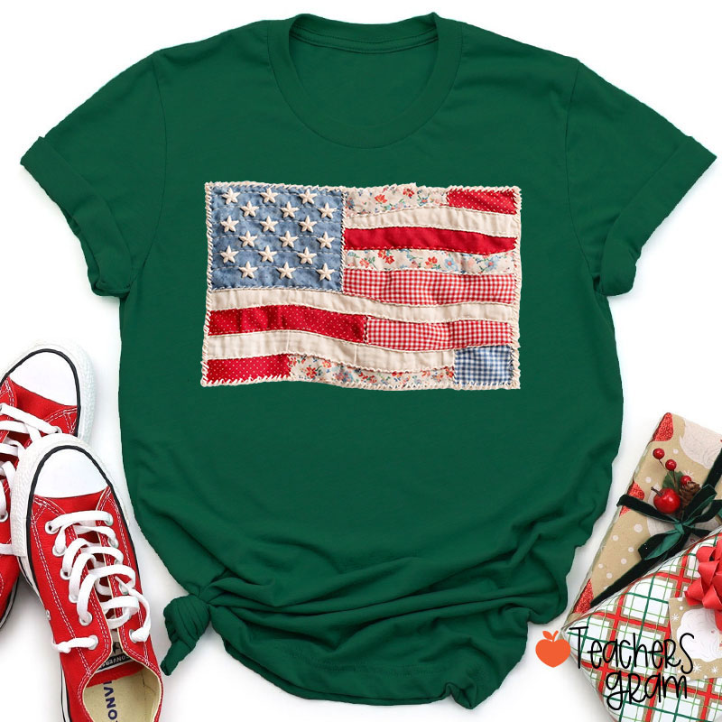 Faux Patchwork American Flag Teacher T-Shirt
