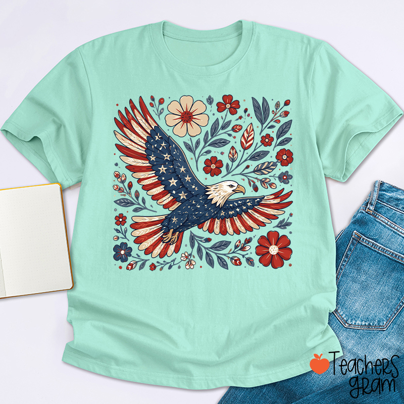 Patriotic Eagle Floral Teacher T-Shirt