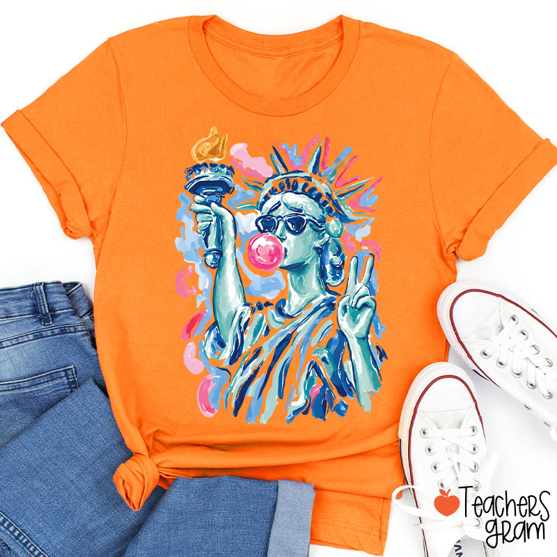 Preppy Statue Of Liberty Blowing Bubble Teacher T-Shirt