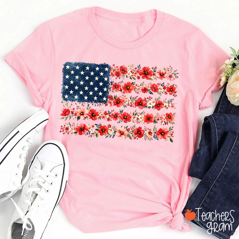 American Flag Wild Flower Teacher T-Shirt