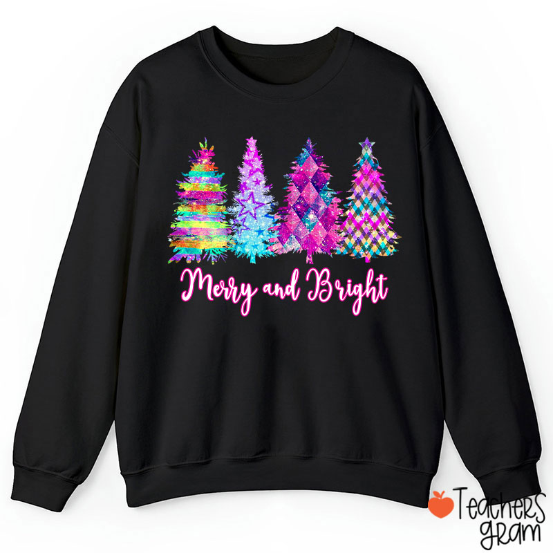 Merry And Bright Colorful Christmas Tree Teacher Sweatshirt