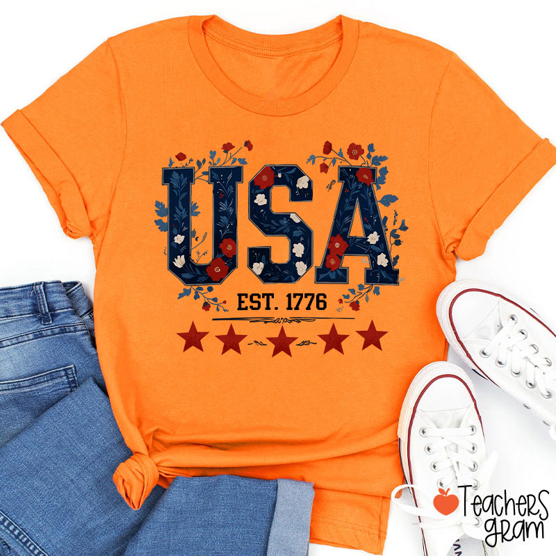 Floral USA Est 1776 Teacher T-Shirt