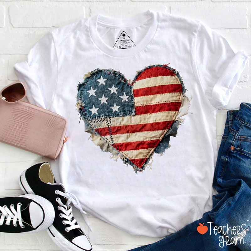 Faux Patchwork American Flag Heart Teacher T-Shirt
