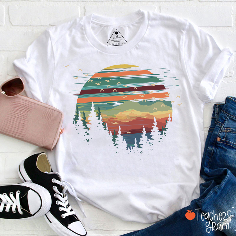 Retro Mountain Sunset Forest And Birds Teacher T-Shirt