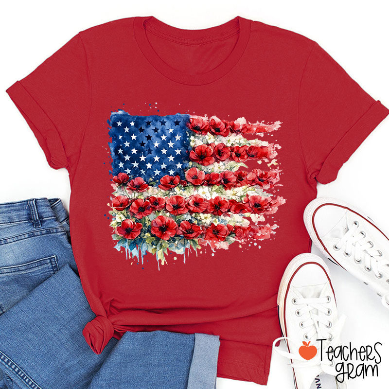 4th Of July Floral American Flag Teacher T-Shirt
