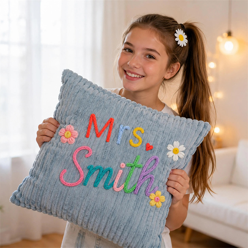 Personalized Embroidered Name Corduroy Teacher Pillow Cover