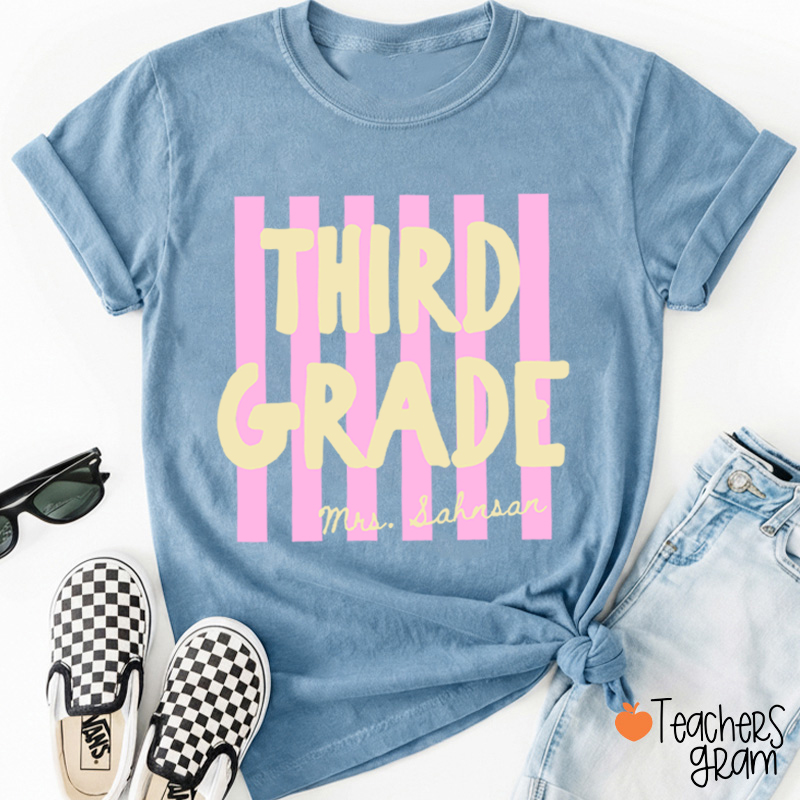 Personalized Grade And Name Pink Stripes Teacher T-Shirt
