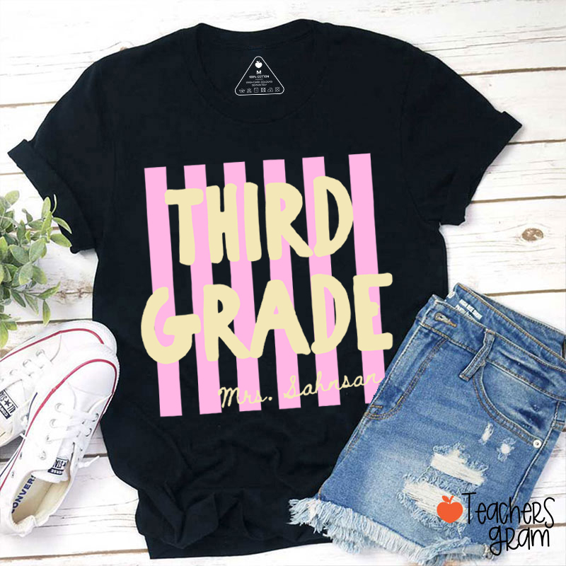 Personalized Grade And Name Pink Stripes Teacher T-Shirt