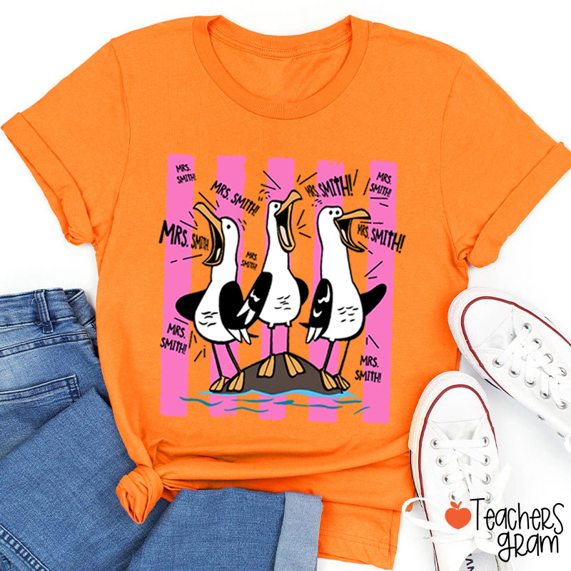 Personalized Pink Stripes Seagull Meme Teacher T-Shirt