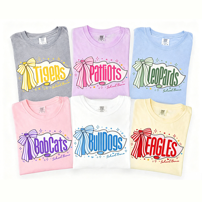 Personalized Mascot School Name Striped Bow Pennant Teacher T-Shirt