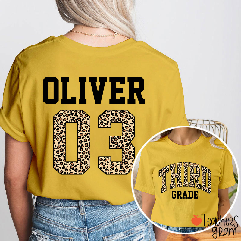Personalized Grade Name Leopard Print Number Teacher Two Sided T-Shirt