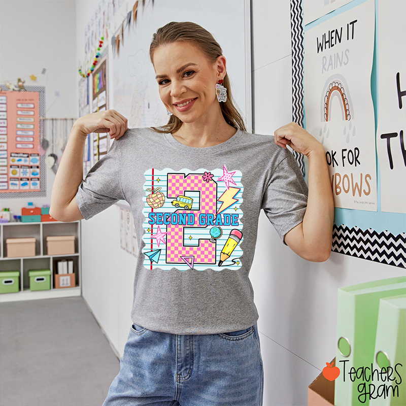 Personalized Pink Plaid And Notebook Style Teacher T-Shirt