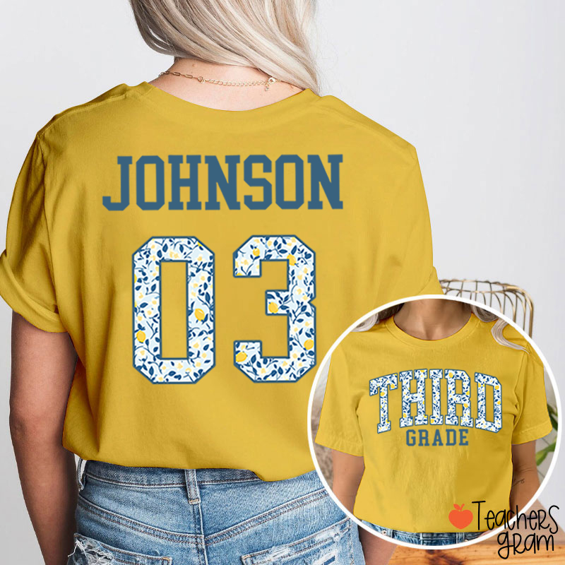 Personalized Grade And Name Floral Letter Teacher Two Sided T-Shirt