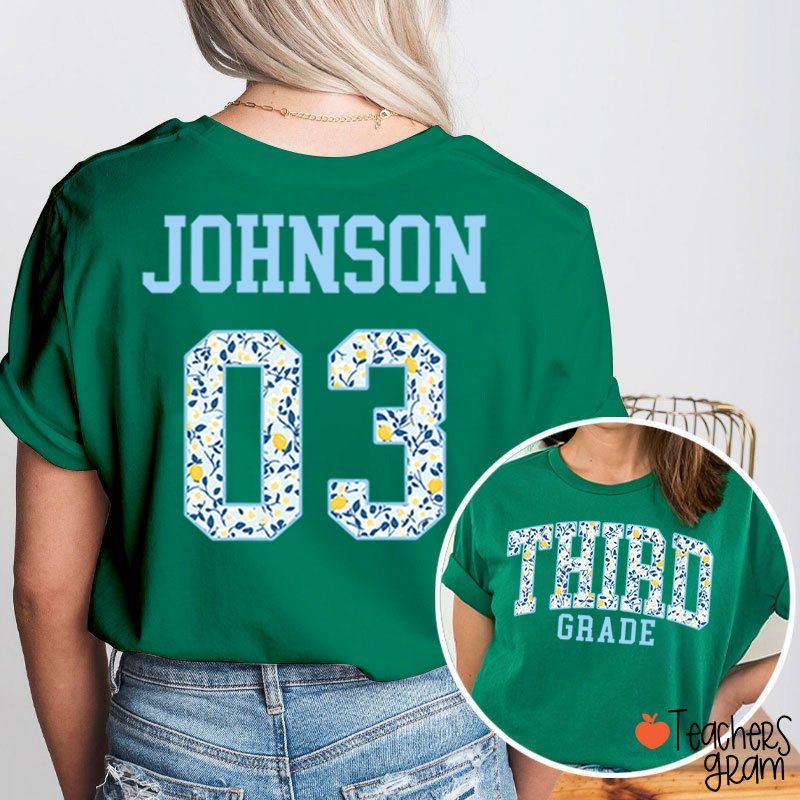 Personalized Grade And Name Floral Letter Teacher Two Sided T-Shirt