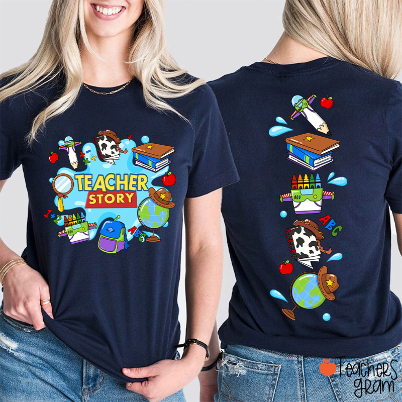 Teacher Story Cute School Stuff Icons Teacher Two Sided T-Shirt