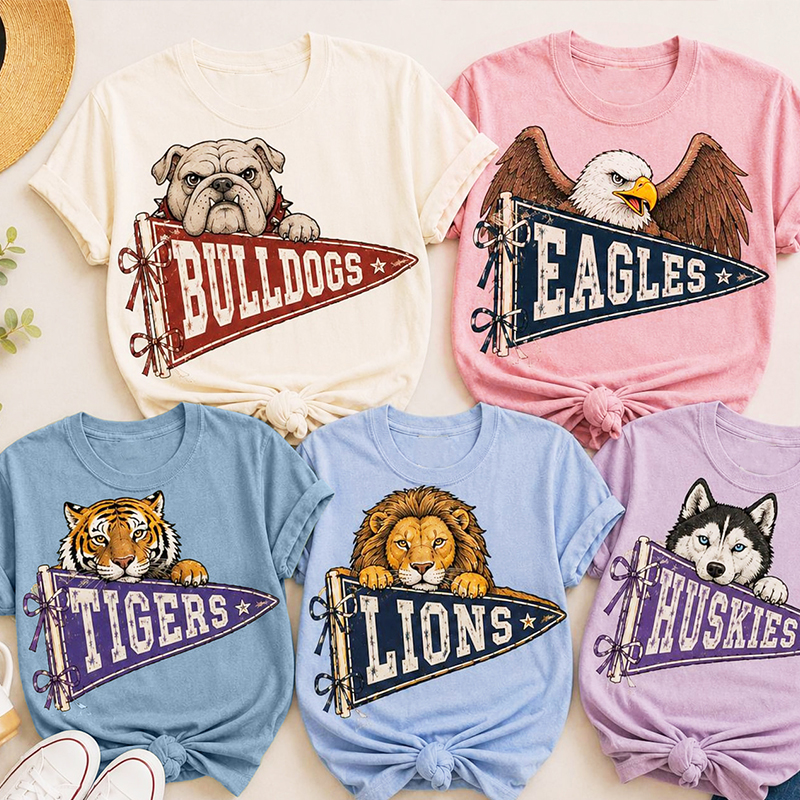 Personalized Mascot Team Name Vintage Pennant Bow Star Teacher T-Shirt