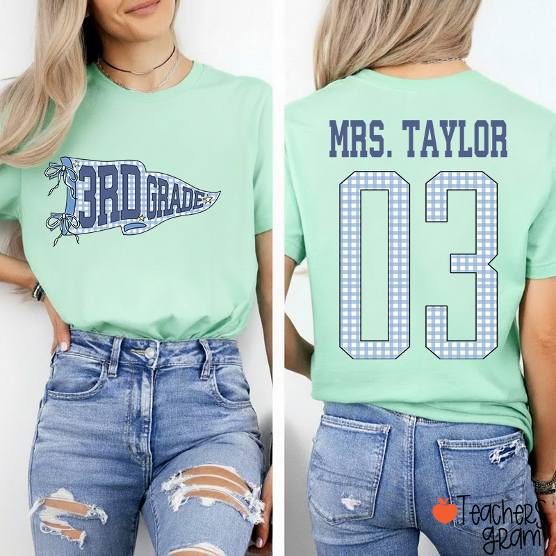 Personalized Grade Pennant Blue Gingham Teacher Two Sided T-Shirt