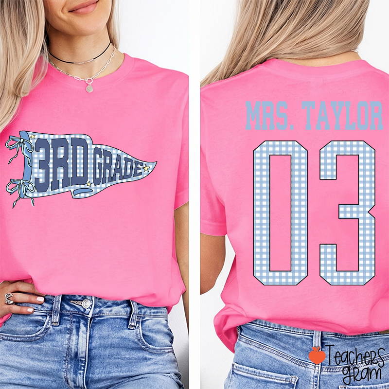 Personalized Grade Pennant Blue Gingham Teacher Two Sided T-Shirt