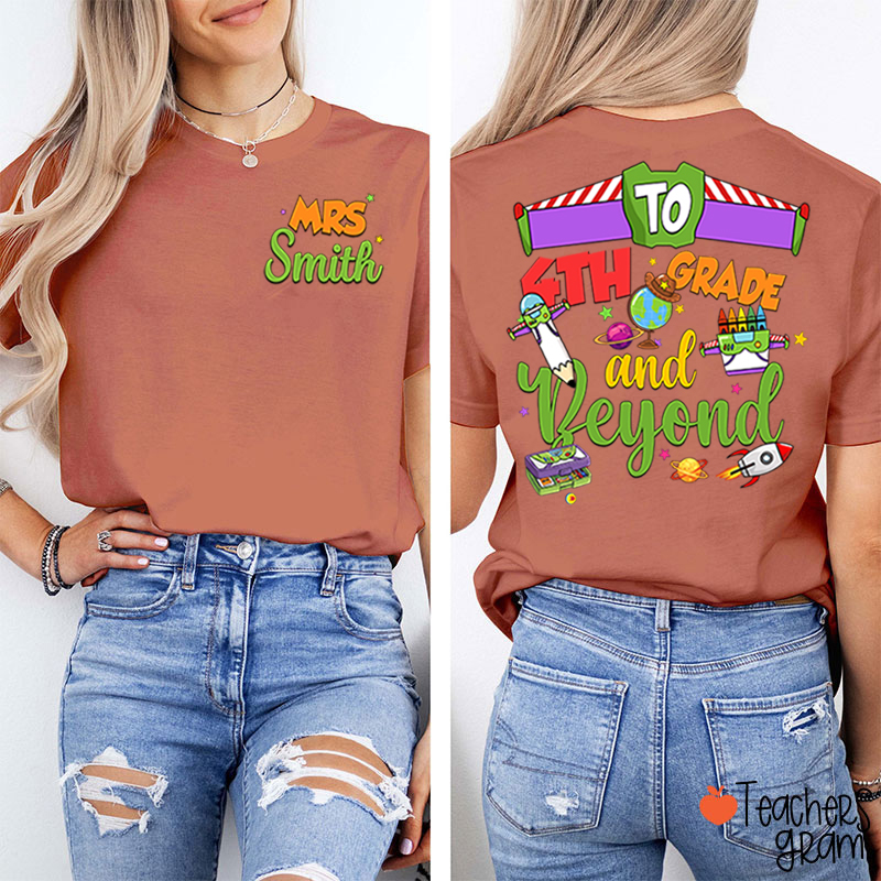 Personalized Grade Cartoon School Supply Rocket Teacher Two Sided T-Shirt