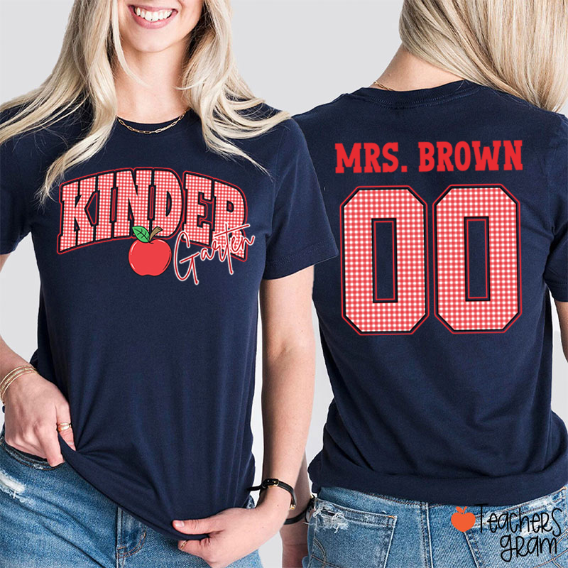 Personalized Grade And Name Checkered Letter Apple Teacher Two Sided T-Shirt