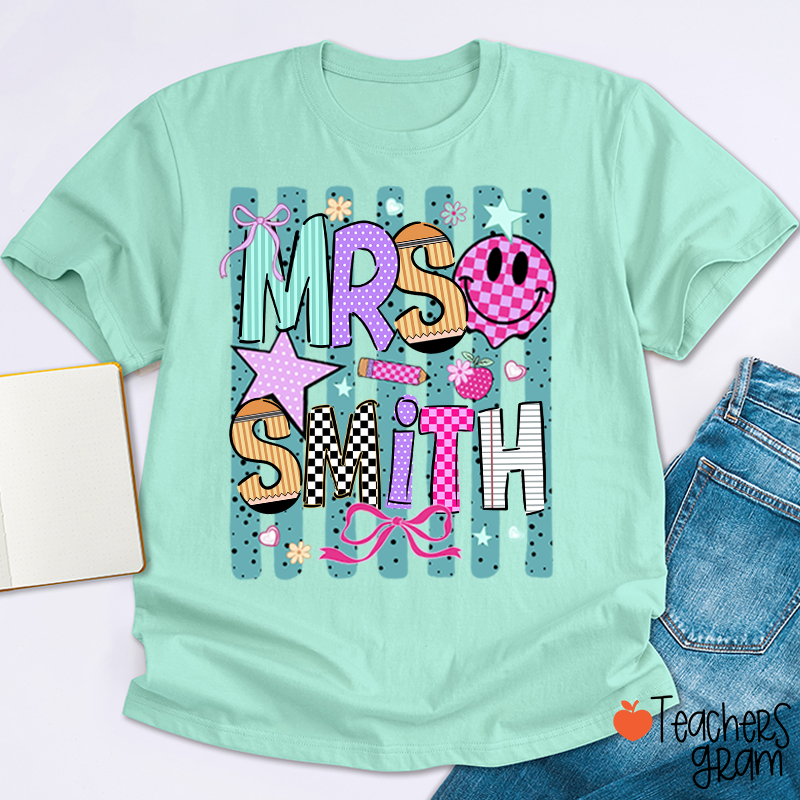 Personalized Grade Coquette Preppy Stripes Teacher T-Shirt