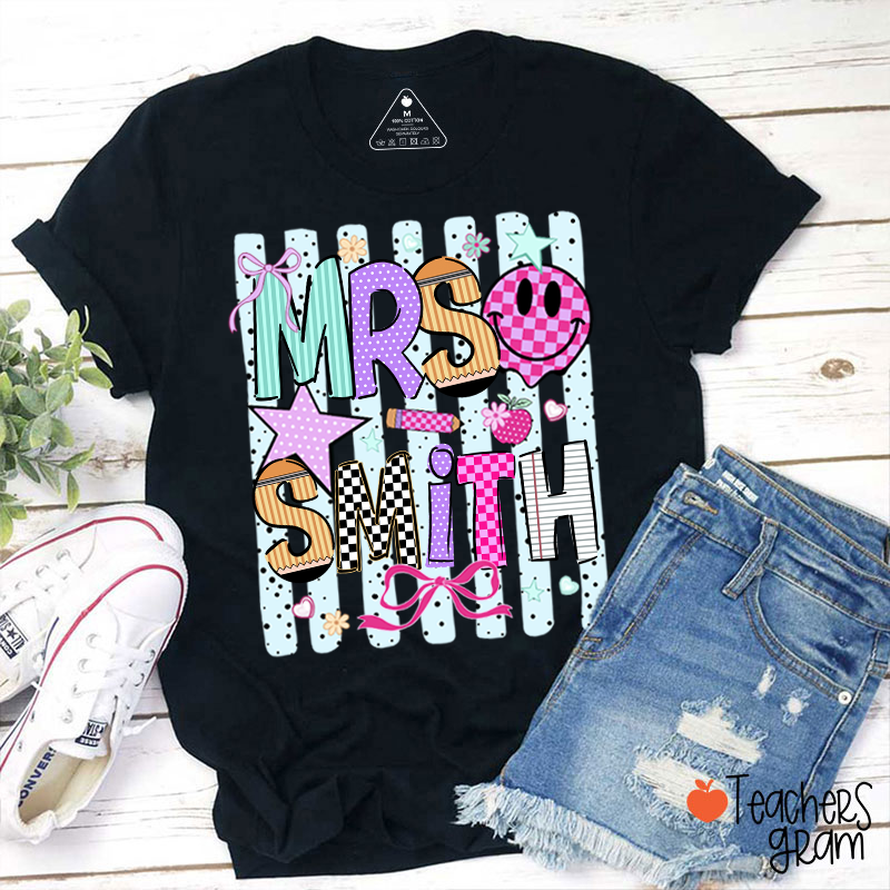 Personalized Grade Coquette Preppy Stripes Teacher T-Shirt