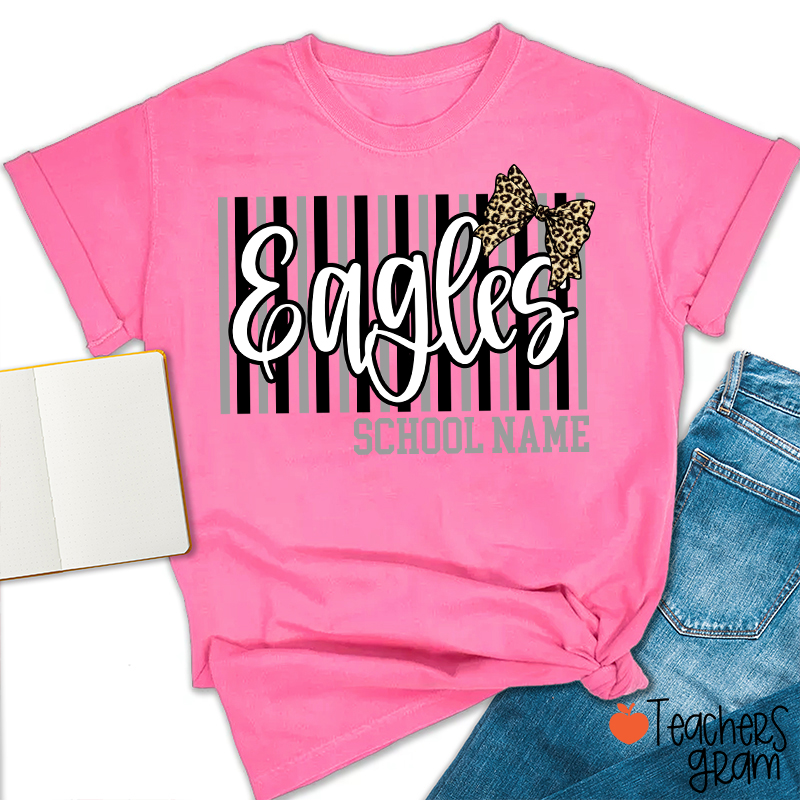 Personalized School Mascot Stripe Leopard Bow Teacher T-Shirt