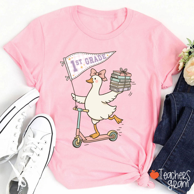 Personalized Grade Scooter Silly Goose Pennant Book Stack Teacher T-Shirt