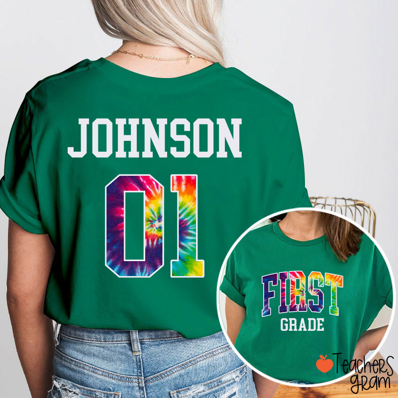 Personalized Grade And Name Tie-dye Letter Teacher Two Sided T-Shirt