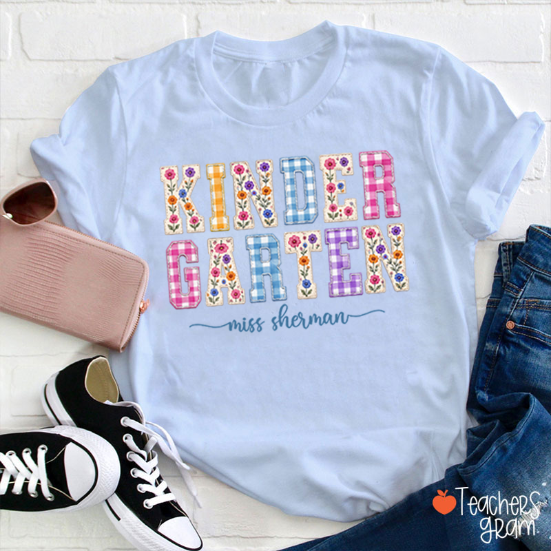 Personalized Name Floral Gingham Teacher T-Shirt