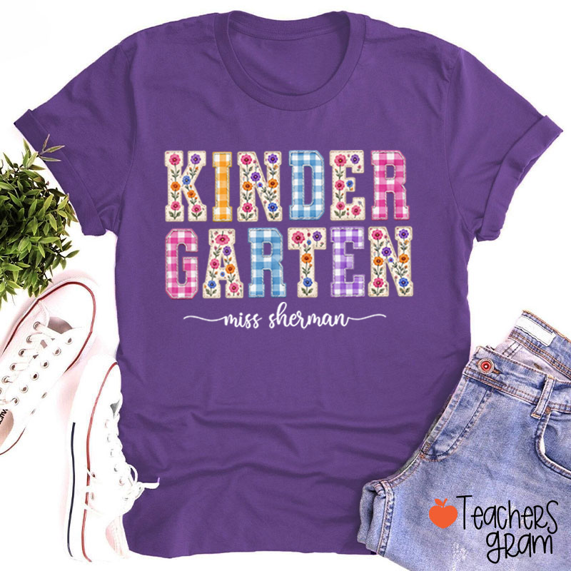 Personalized Name Floral Gingham Teacher T-Shirt