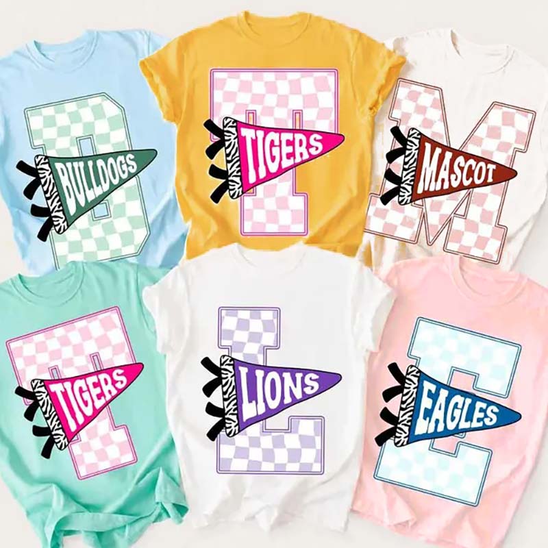 Personalized Mascot Checkered Pennant School Team Teacher T-Shirt